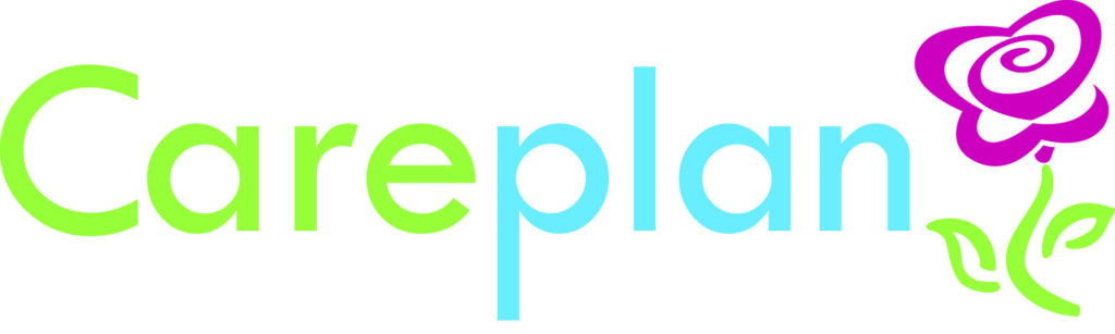 Careplan logo. Care is in light green text, plan is in light blue text, followed by a pink rose illustration with a green stem over a white background